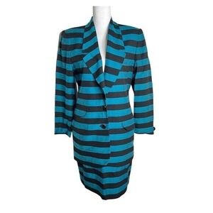 Vintage Christian Dior Striped‎ Blazer Skirt Suit Set Teal Black Career Size 10